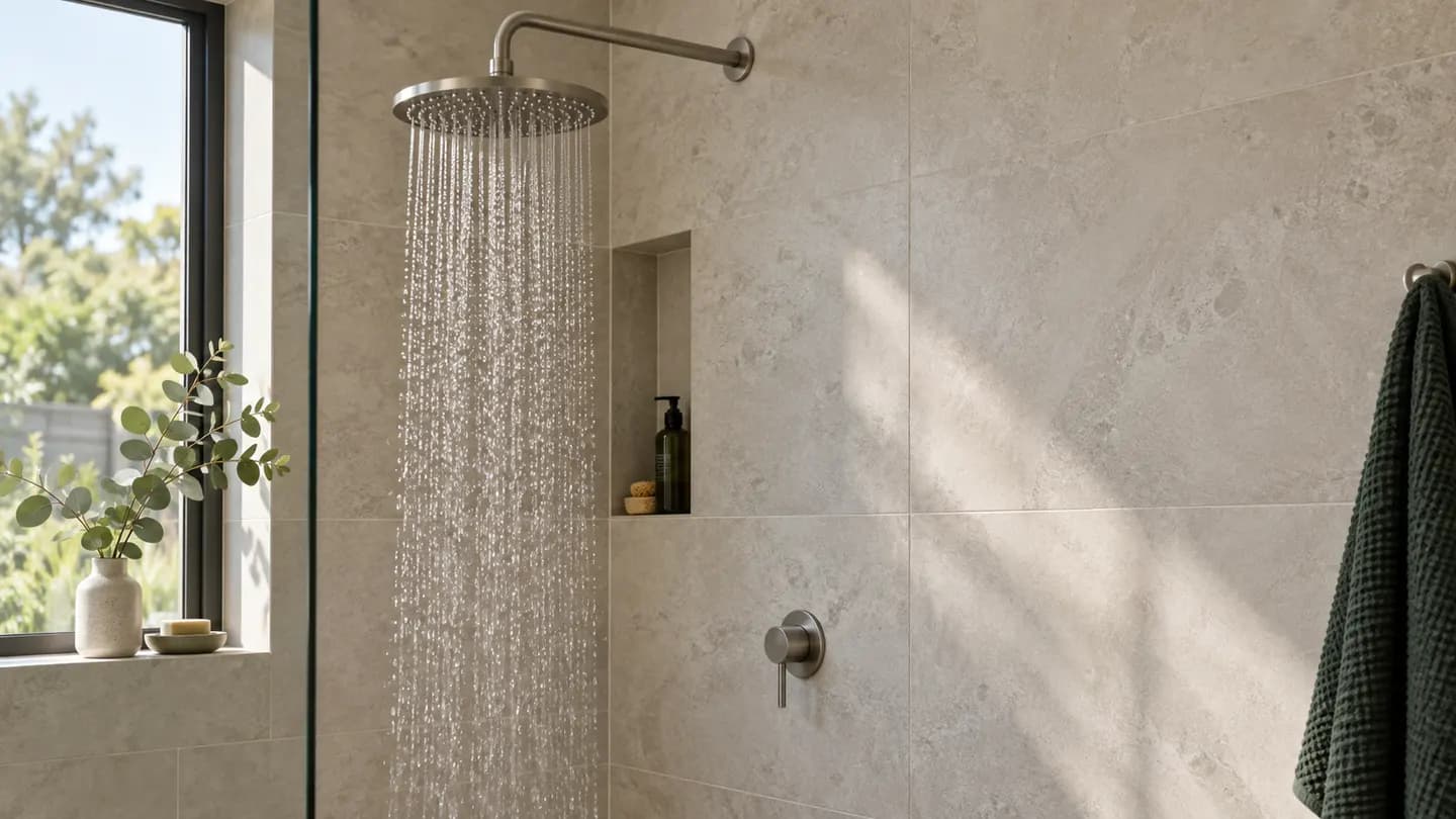 Illustrative sunlit bathroom with water running from a shower